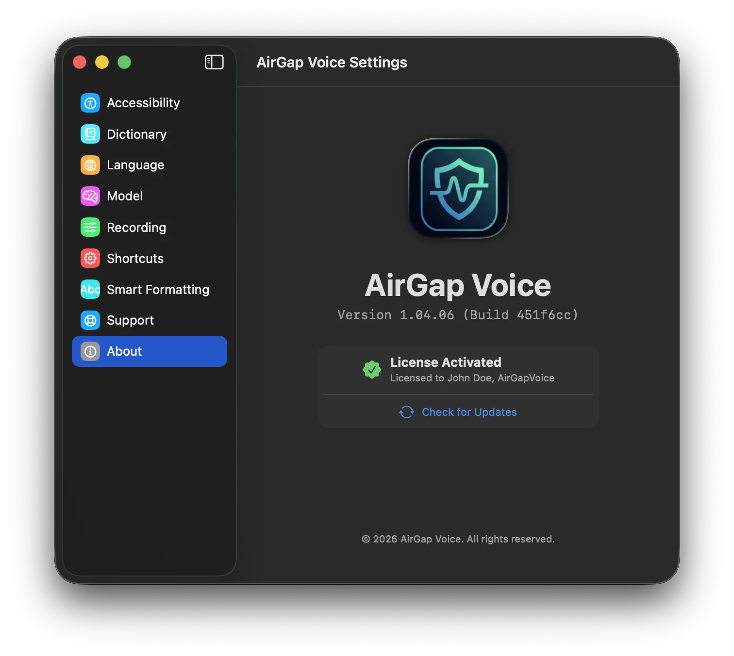 About panel showing version, license status, and update check link.