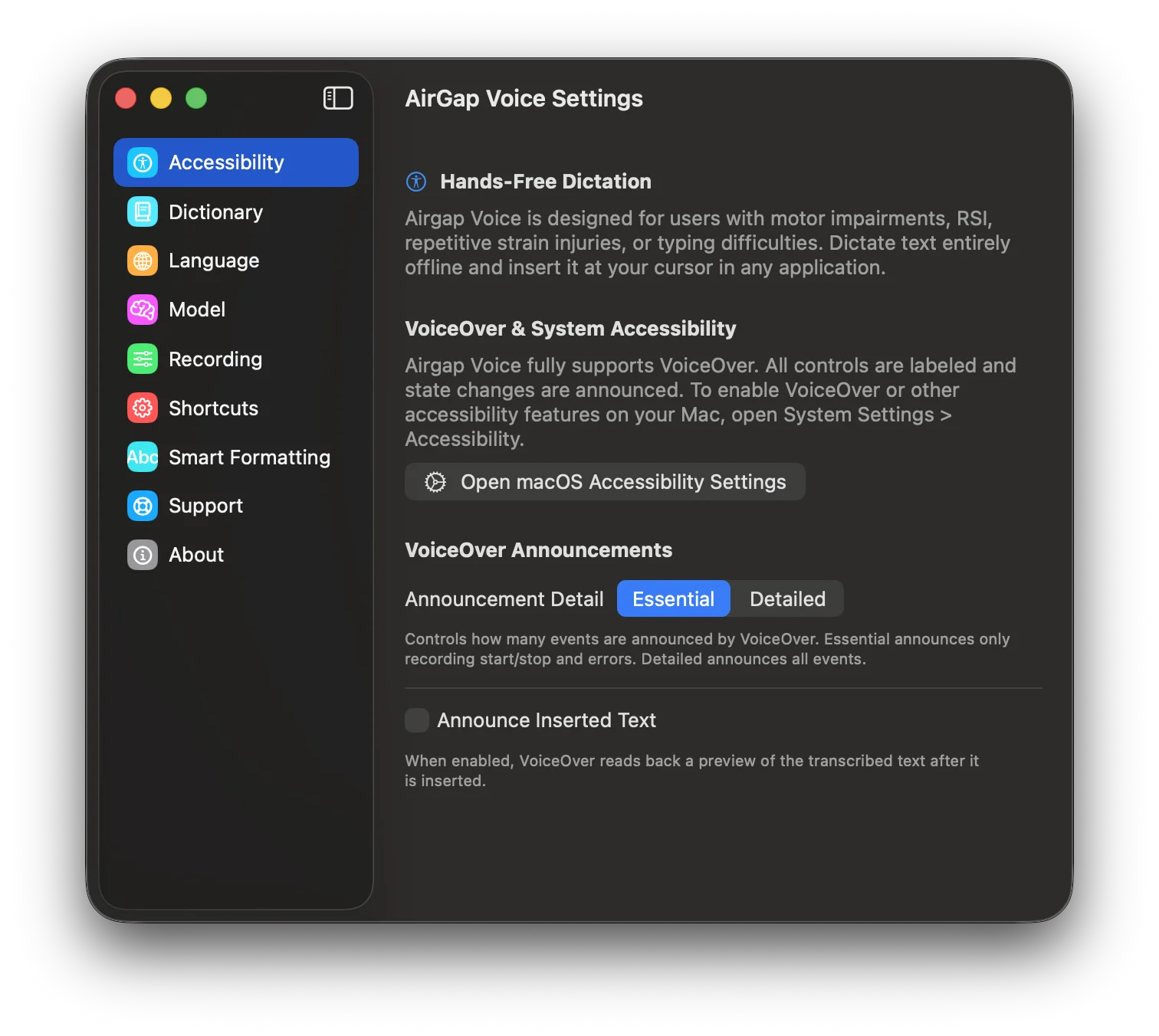 Accessibility settings with VoiceOver announcement controls.
