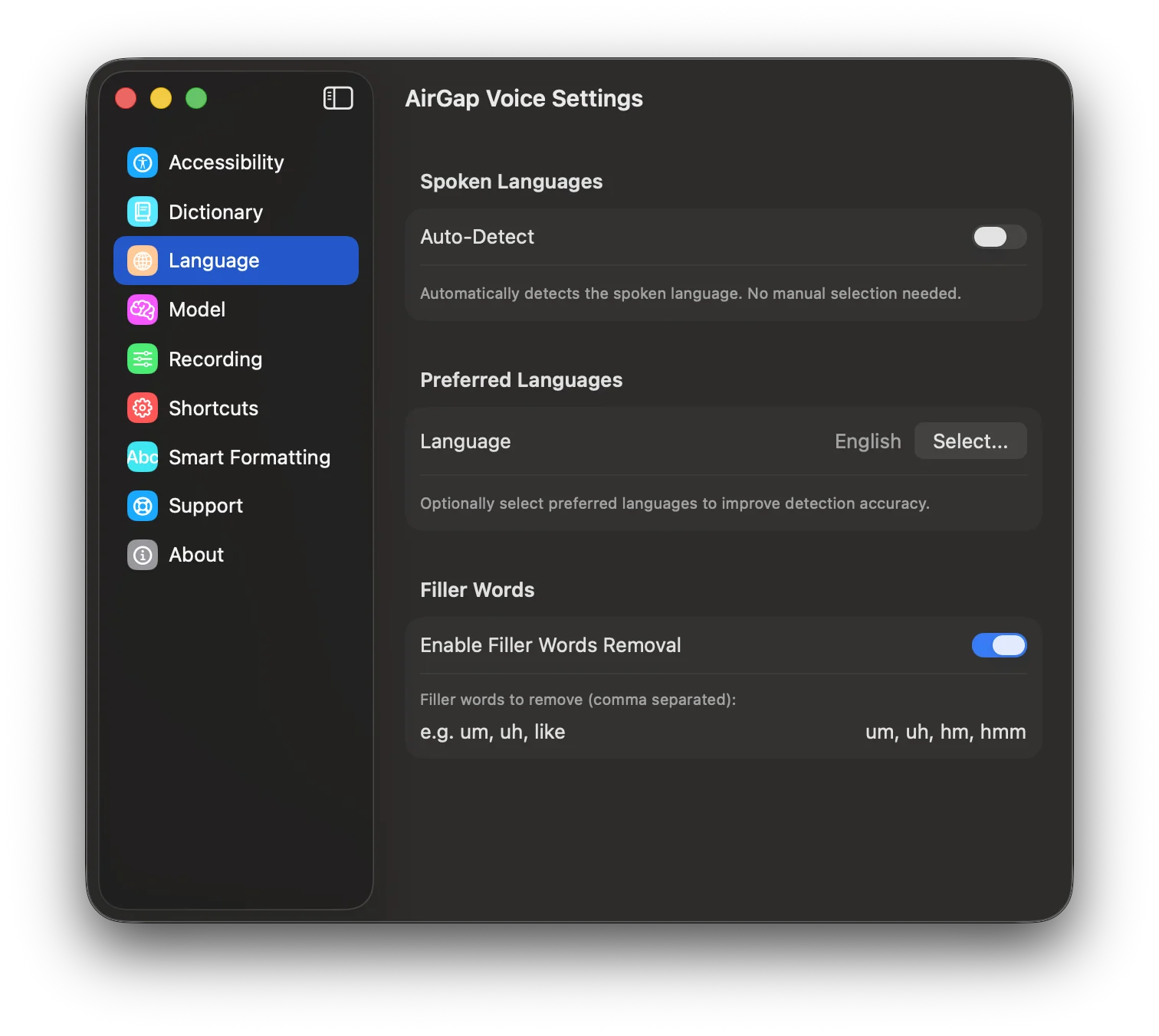 Language settings with auto-detection, preferred languages, and filler word removal.
