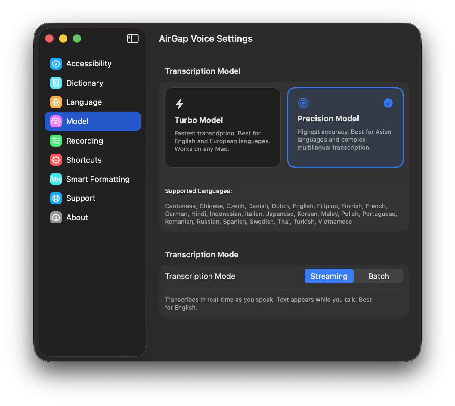 Model selection with supported languages and transcription mode.