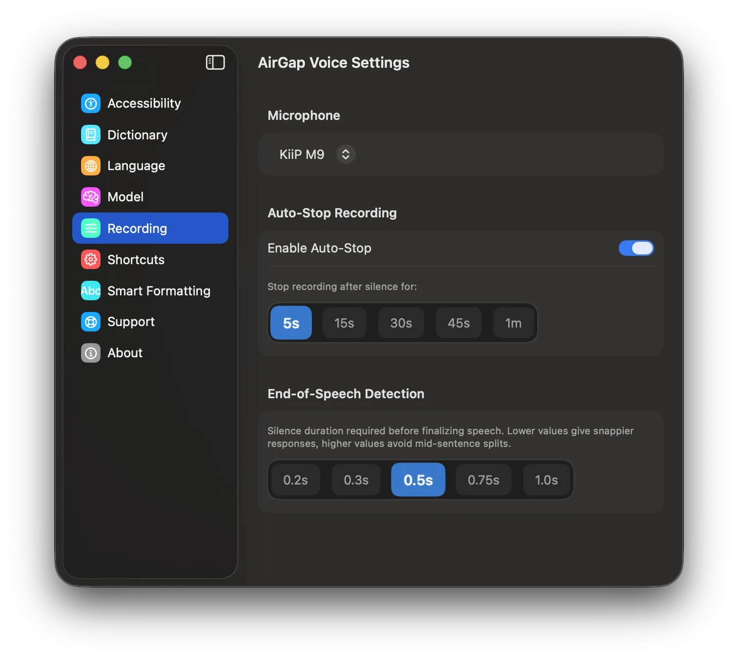 Recording configuration with microphone selection, auto-stop, and end-of-speech detection.