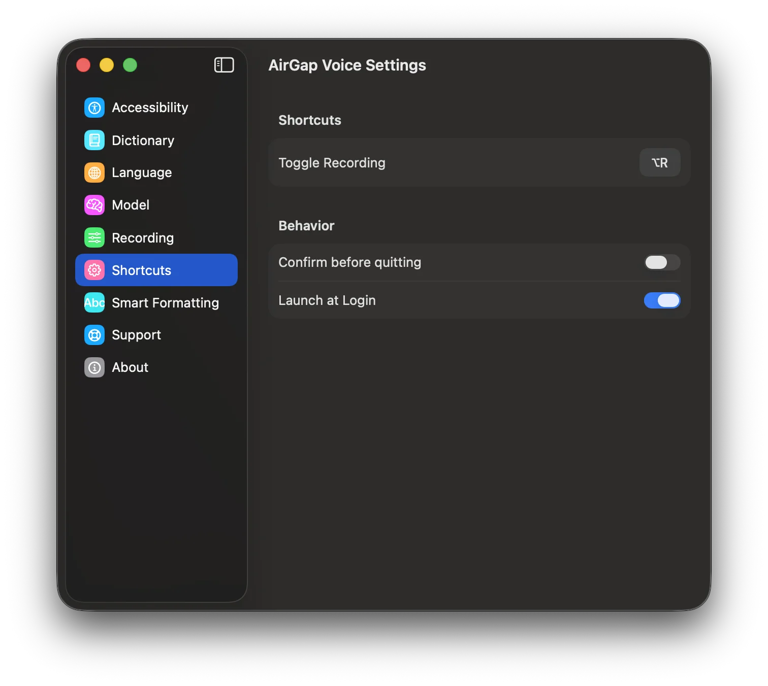 Keyboard shortcuts and application behavior settings.