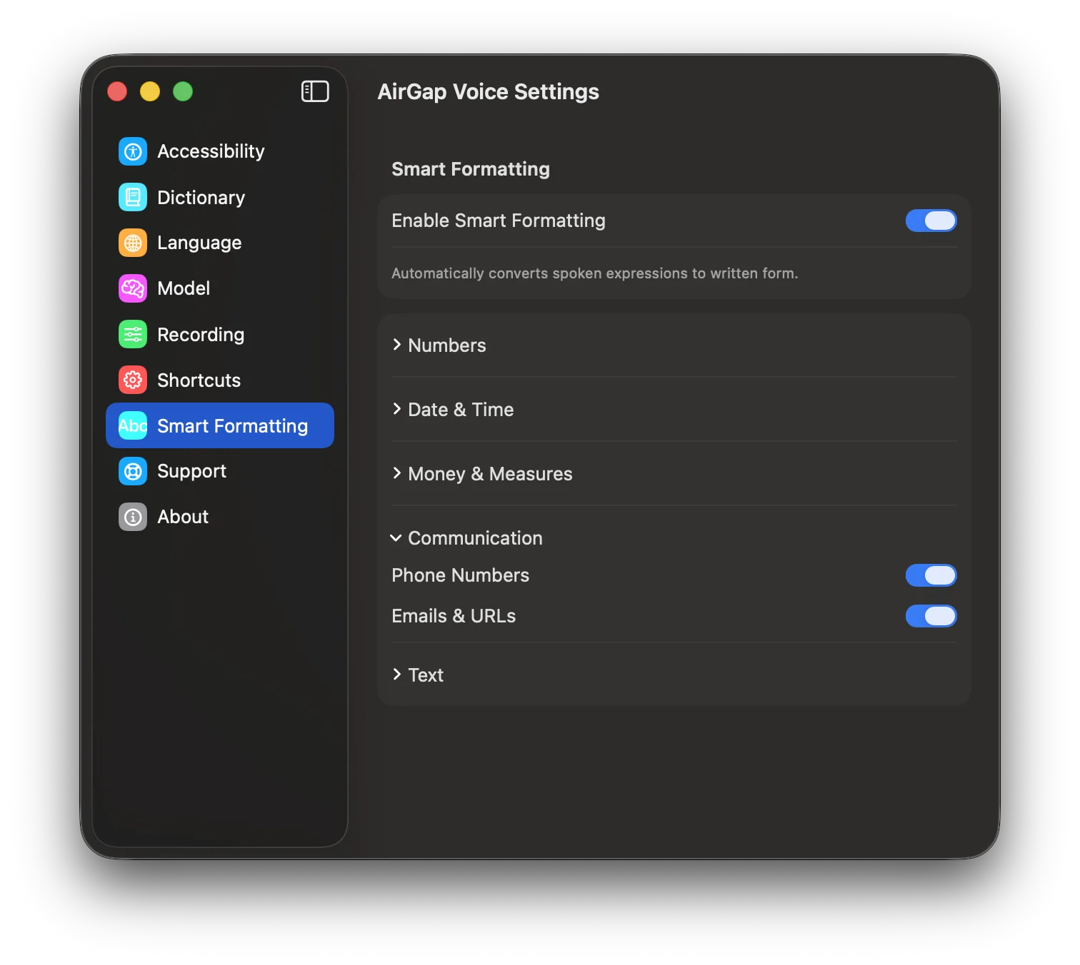 Smart Formatting Communication category with toggles for phone numbers and emails/URLs.