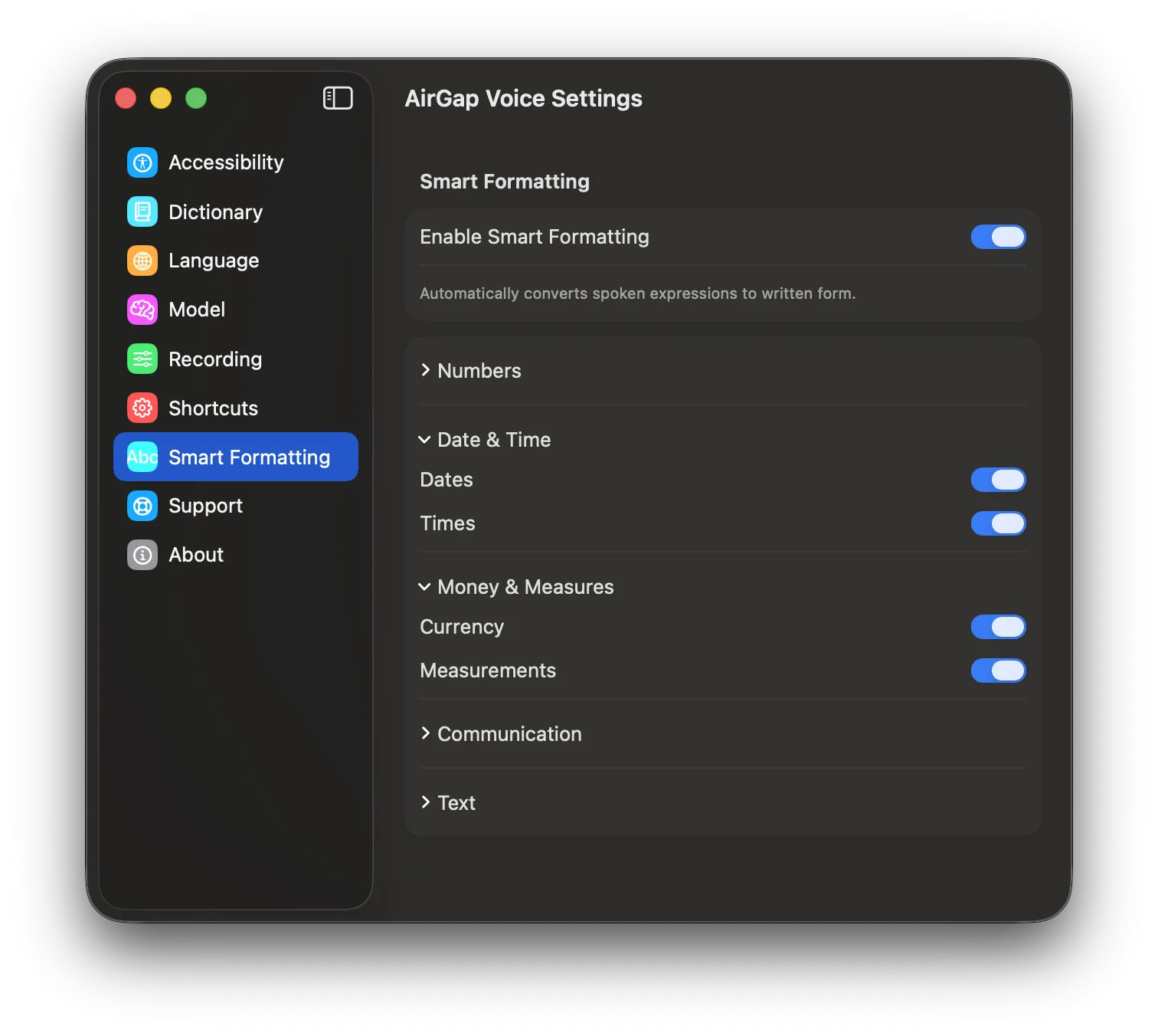Smart Formatting Date & Time category with toggles for dates and times.