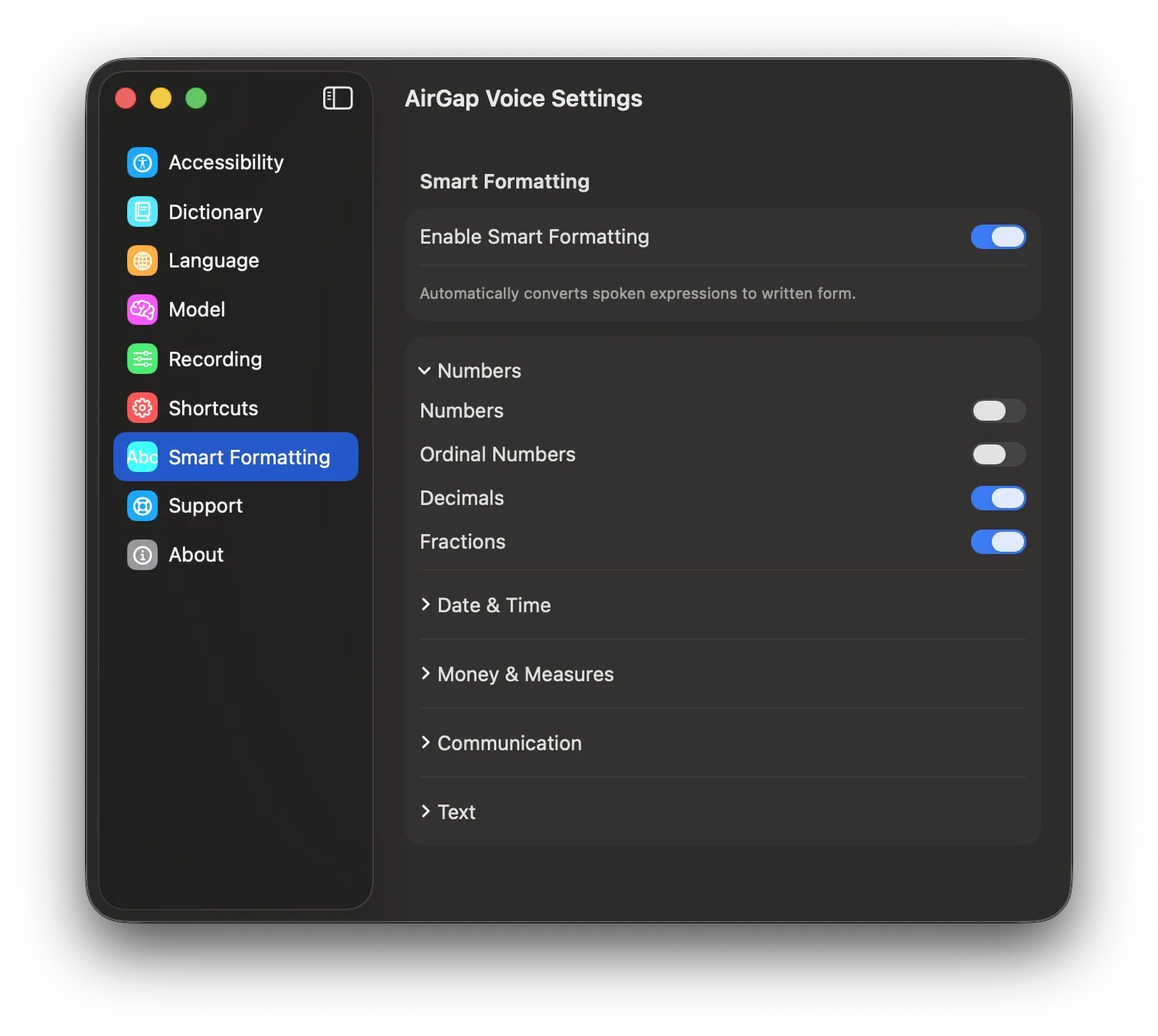 Smart Formatting Numbers category with individual toggles for numbers, ordinal numbers, decimals, and fractions.