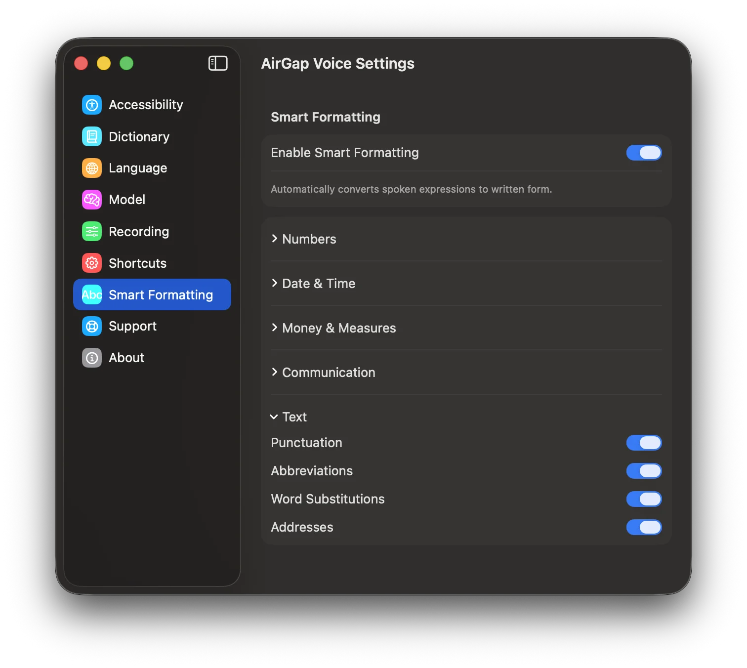 Smart Formatting Text category with toggles for punctuation, abbreviations, word substitutions, and addresses.