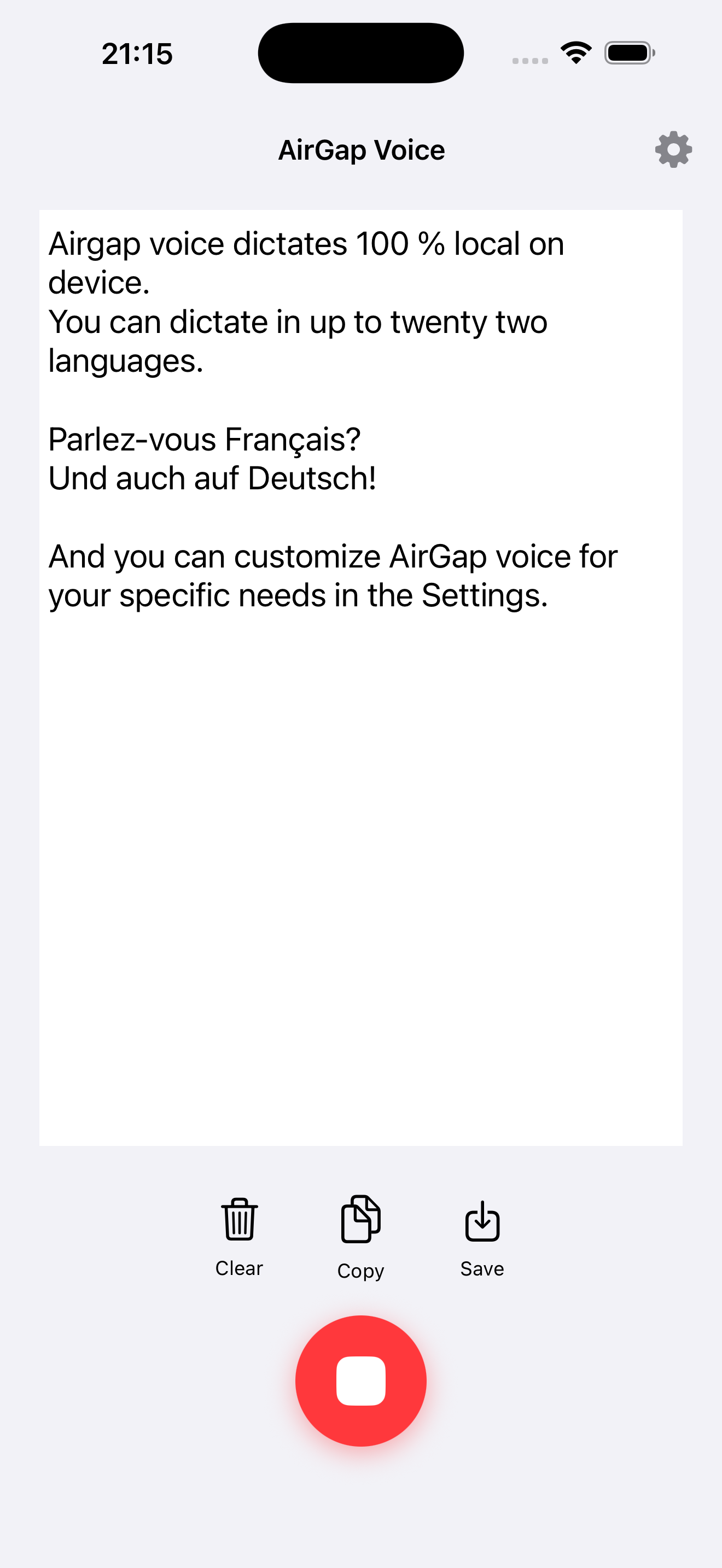 Airgap Voice dictation screen on iPhone