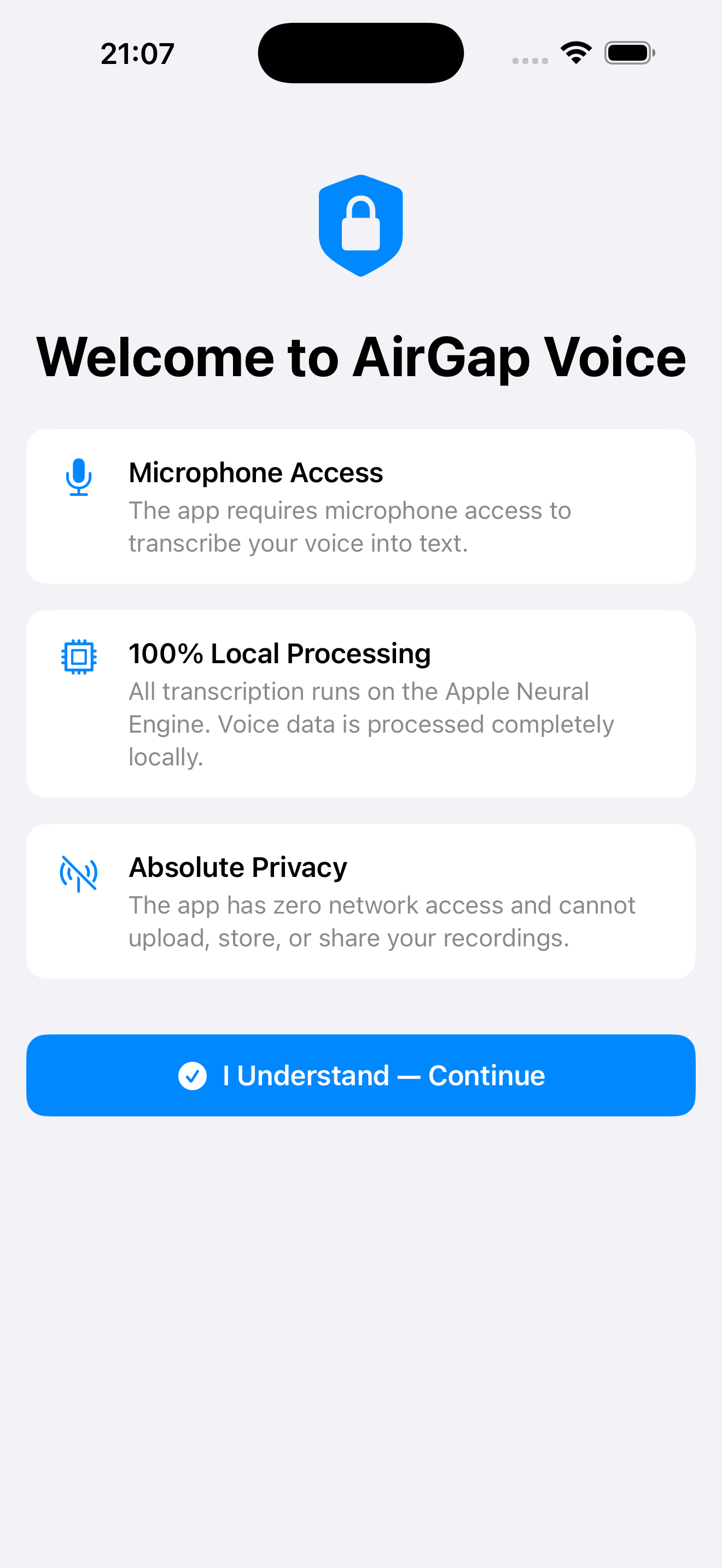 Airgap Voice welcome screen on iPhone